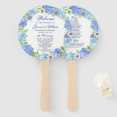 Blauw Hydrangea groen bloemenbruiloft programma Handwaaier (Voorkant en achterkant)