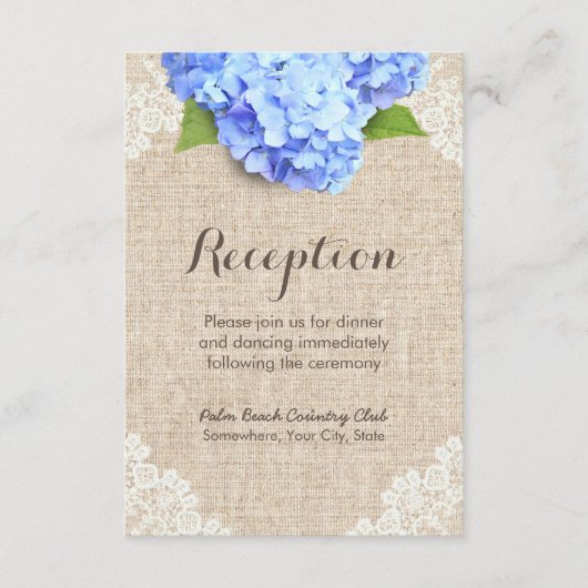Blauw Hydrangea Kant & Jute Ontvangst Informatiekaartje (Voorkant)