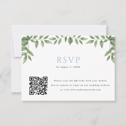 Blauw Hydrangea Leaf QR Code Huwelijksantwoord RSVP Kaartje (Voorkant)