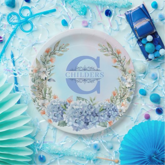 Blauw Hydrangea Monogram Papier Bord (Feest)