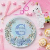 Blauw Hydrangea Monogram Papier Bord (Feest)