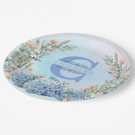 Blauw Hydrangea Monogram Papier Bord (Gekanteld)