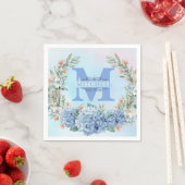 Blauw Hydrangea Monogram Papier Servet (Insitu)