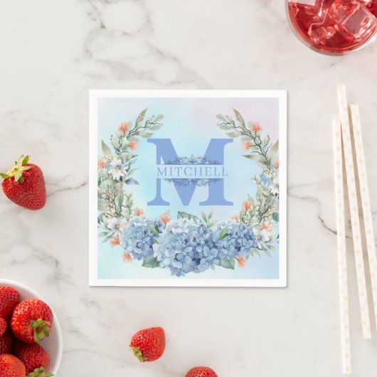 Blauw Hydrangea Monogram Papier Servet (Insitu)