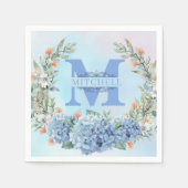 Blauw Hydrangea Monogram Papier Servet (Voorkant)