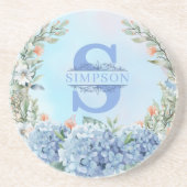 Blauw Hydrangea Monogram Rond Onderzetter (Voorkant)