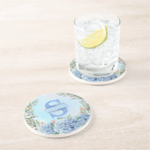 Blauw Hydrangea Monogram Rond Onderzetter