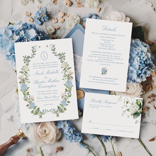 Blauw Hydrangea Monogram Wapen Huwelijksuitnodigin Kaart