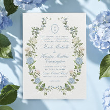 Blauw Hydrangea Monogram Wapen Huwelijksuitnodigin