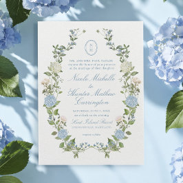 Blauw Hydrangea Monogram Wapen Huwelijksuitnodigin Kaart