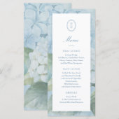 Blauw Hydrangea Monogram Wapenschild Trouw Menu Ka (Voorkant / Achterkant)