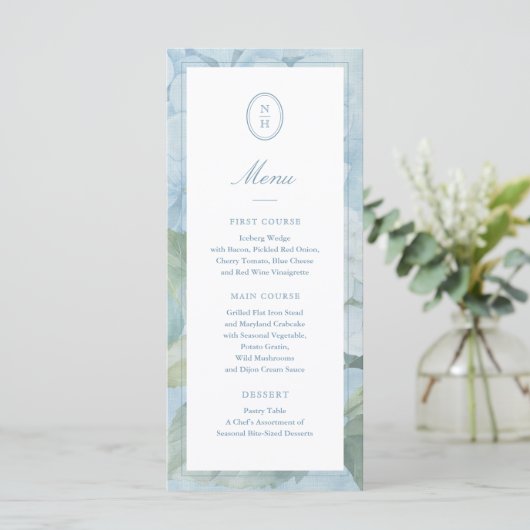 Blauw Hydrangea Monogram Wapenschild Trouw Menu Ka (Staand voorkant)