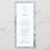 Blauw Hydrangea Monogram Wapenschild Trouw Menu Ka (Voorkant)