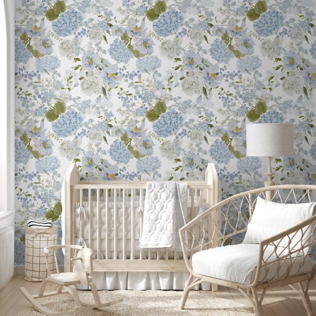 Blauw Hydrangea Patroon Behang (Kinderen)