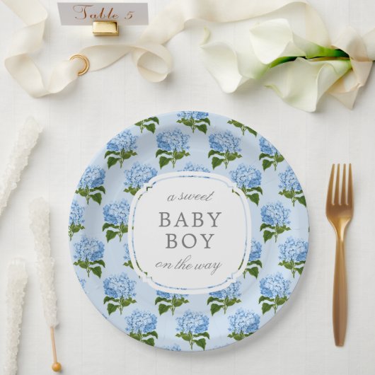 Blauw Hydrangea Patroon Sweet Baby Boy Papieren Bordje (Huwelijk)