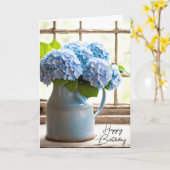 Blauw Hydrangea verjaardagsboeket in venster Kaart (Gele Bloem)