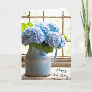 Blauw Hydrangea verjaardagsboeket in venster Kaart