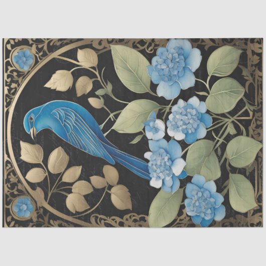  Blauw Hydrangea Vogel Art Nouveau Ephemera Tissuepapier (Voorkant)