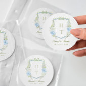 Blauw Hydrangea Wapen Huwelijks Monogram Ronde Sticker