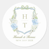Blauw Hydrangea Wapen Huwelijks Monogram Ronde Sticker (Voorkant)