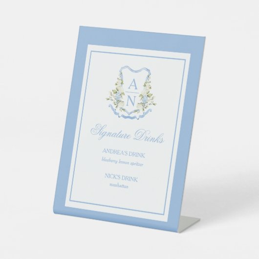 Blauw Hydrangea Wapen Monogram Tafelbarbord Reclamebord Met Voetstuk (Voorkant)