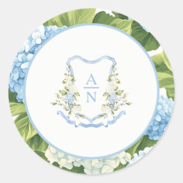Blauw Hydrangea Wapen Monogram Trouwstickers Ronde Sticker