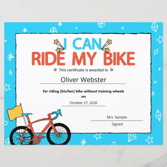 Blauw I kan mijn Bike Milestone Certificate rijden (Voorkant)