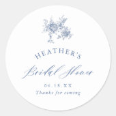 Blauw iets bloemig bruidsdouche ronde sticker (Voorkant)