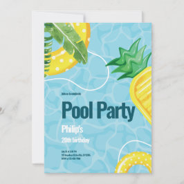 Blauw illustratief zwembad verjaardagsfeestje kaart