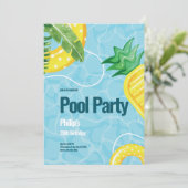Blauw illustratief zwembad verjaardagsfeestje kaart (Staand voorkant)
