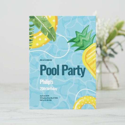 Blauw illustratief zwembad verjaardagsfeestje kaart (Staand voorkant)