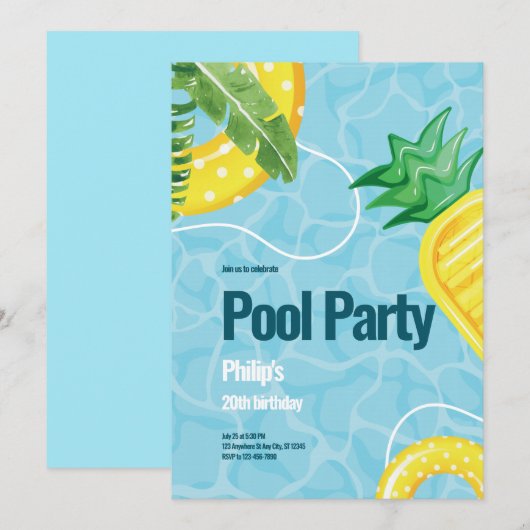 Blauw illustratief zwembad verjaardagsfeestje kaart (Voorkant / Achterkant)