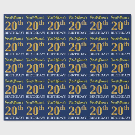 Blauw, imitatie Gold Kijk "20e BIRTHDAY" Cadeaupapier (Vlak)