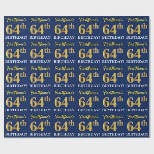 Blauw, Imitatie Gold Kijk "64e BIRTHDAY" Cadeaupapier (Vlak)