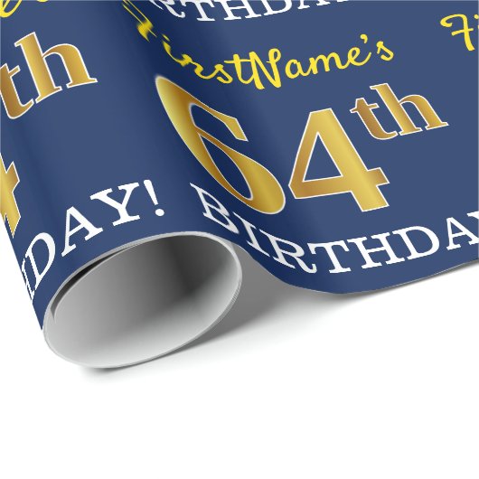 Blauw, Imitatie Gold Kijk "64e BIRTHDAY" Cadeaupapier (Rol Hoek)