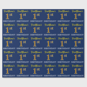 Blauw, imitatie Gold look "1st BIRTHDAY" Cadeaupapier