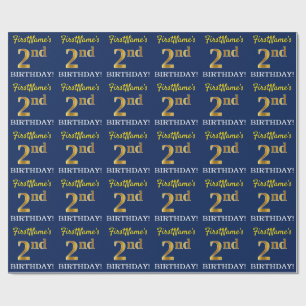 Blauw, imitatie Gold look "2e BIRTHDAY" Cadeaupapier