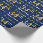 Blauw, imitatie Gold look "34th BIRTHDAY" Cadeaupapier (Hoek)