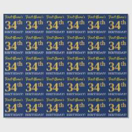 Blauw, imitatie Gold look "34th BIRTHDAY" Cadeaupapier