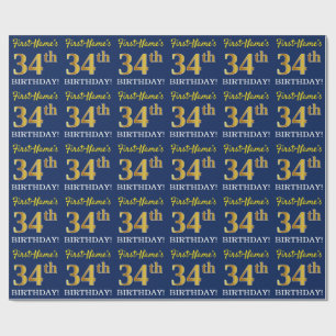 Blauw, imitatie Gold look "34th BIRTHDAY" Cadeaupapier