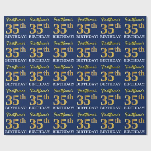 Blauw, imitatie Gold look "35th BIRTHDAY" Cadeaupapier (Vlak)
