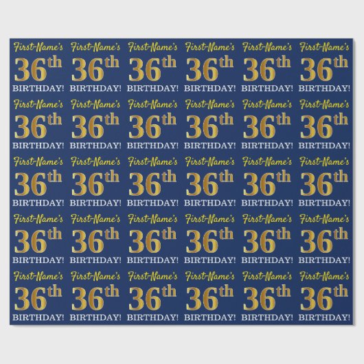Blauw, imitatie Gold look "36e BIRTHDAY" Cadeaupapier (Vlak)