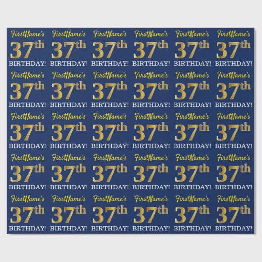 Blauw, imitatie Gold look "37th BIRTHDAY" Cadeaupapier (Vlak)