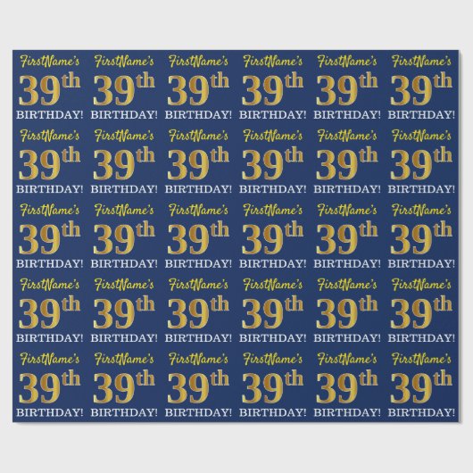 Blauw, imitatie Gold look "39th BIRTHDAY" Cadeaupapier (Vlak)
