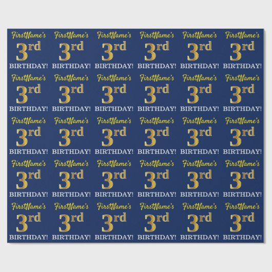 Blauw, imitatie Gold look "3rd BIRTHDAY" Cadeaupapier (Vlak)