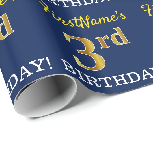 Blauw, imitatie Gold look "3rd BIRTHDAY" Cadeaupapier (Rol Hoek)