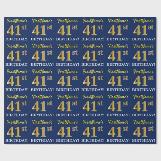 Blauw, imitatie Gold look "41st BIRTHDAY" Cadeaupapier (Vlak)