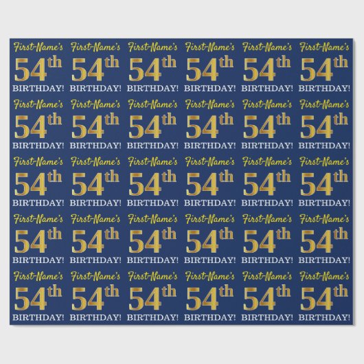 Blauw, imitatie Gold look "54e BIRTHDAY" Cadeaupapier (Vlak)