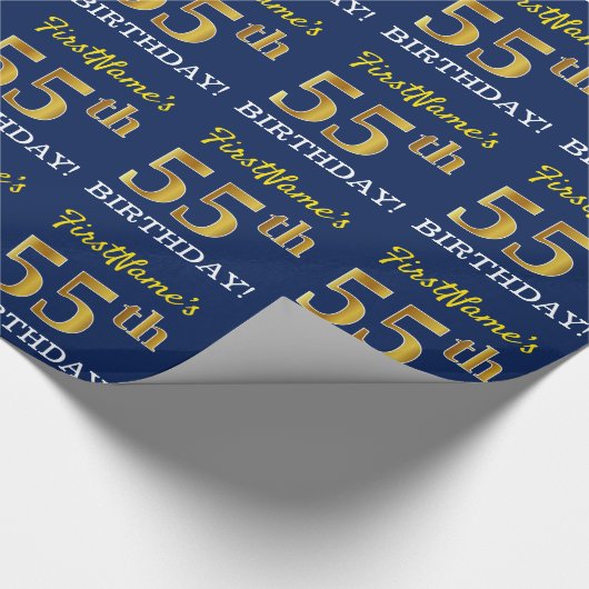 Blauw, imitatie Gold look "55th BIRTHDAY" Cadeaupapier (Hoek)