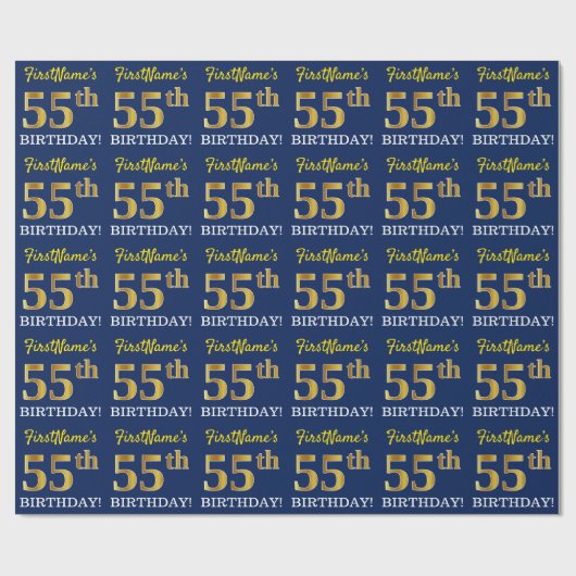 Blauw, imitatie Gold look "55th BIRTHDAY" Cadeaupapier (Vlak)